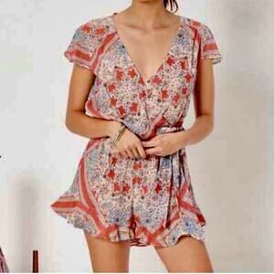 TULAROSA Ashby M ruffle Paisley print Floral Print Wrap Romper Short Sleeve